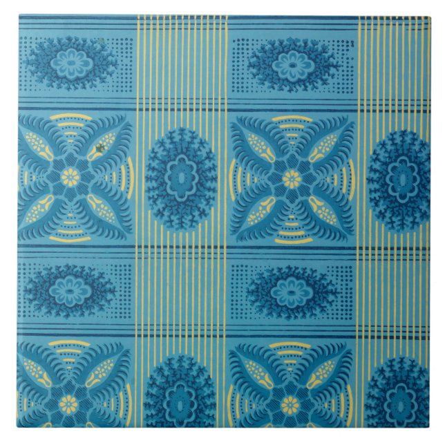 Blue  flowers yellow stripes vintage art tile (Front)