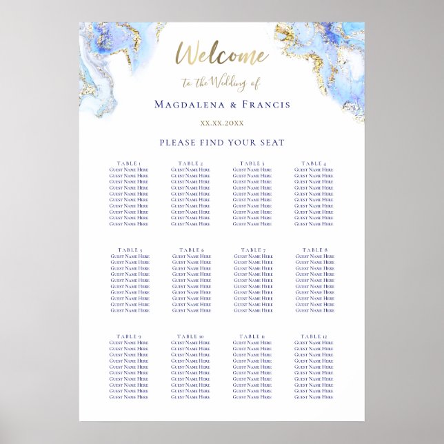 blue fluid marble wedding seating chart (Front)