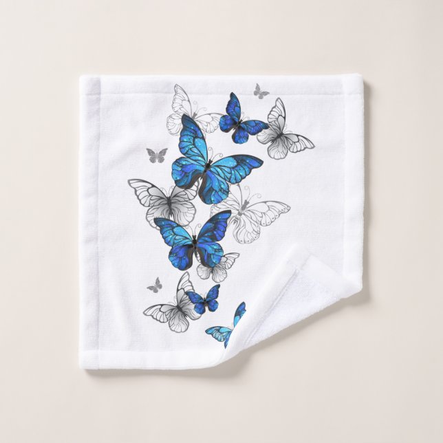 Blue Flying Butterflies Morpho Bath Towel Set (Wash Cloth)