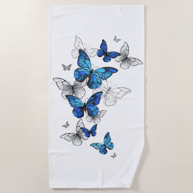 Blue Flying Butterflies Morpho Beach Towel (Front)