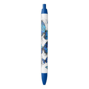 Blue Flying Butterflies Morpho Black Ink Pen