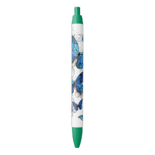 Blue Flying Butterflies Morpho Black Ink Pen