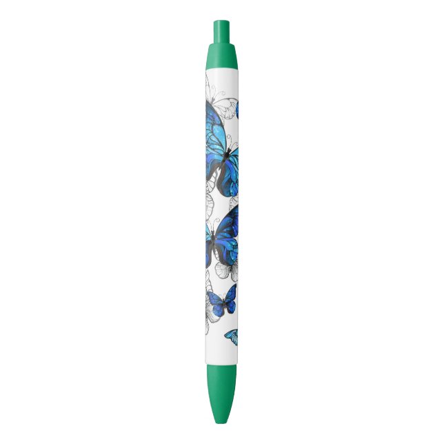 Blue Flying Butterflies Morpho Black Ink Pen (Front Vertical)