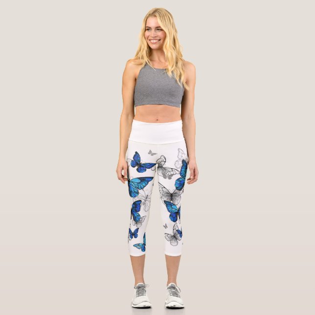 Blue Flying Butterflies Morpho Capri Leggings (Front)