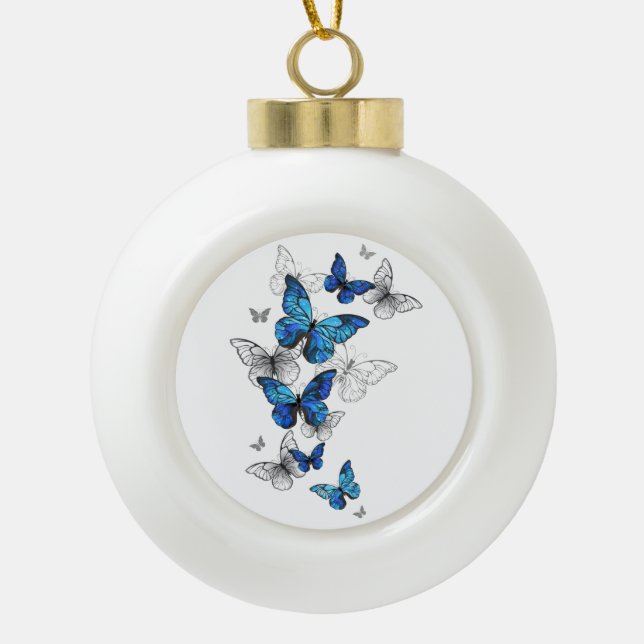 Blue Flying Butterflies Morpho Ceramic Ball Christmas Ornament (Front)