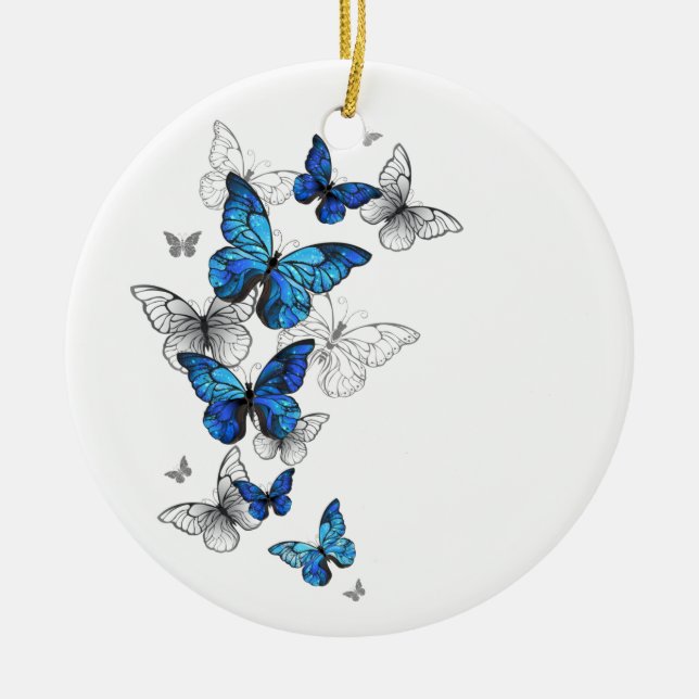 Blue Flying Butterflies Morpho Ceramic Tree Decoration (Front)