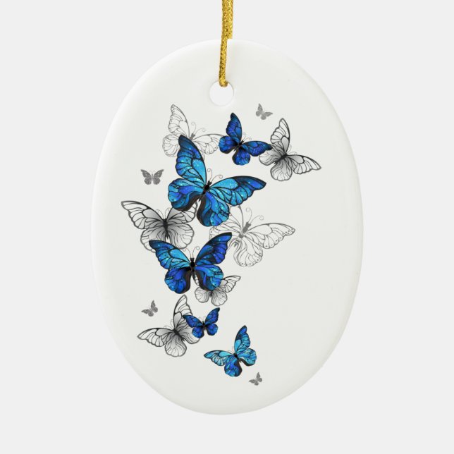 Blue Flying Butterflies Morpho Ceramic Tree Decoration (Front)