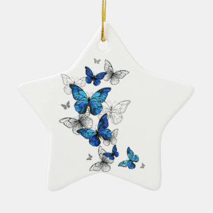 Blue Flying Butterflies Morpho Ceramic Tree Decoration