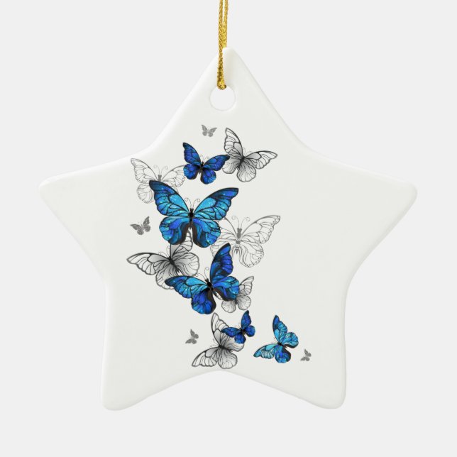 Blue Flying Butterflies Morpho Ceramic Tree Decoration (Front)