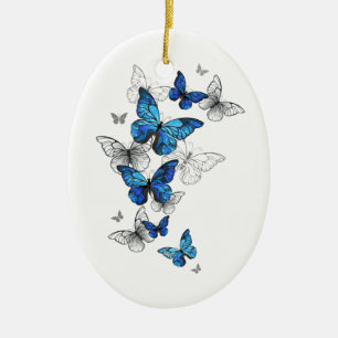 Blue Flying Butterflies Morpho Ceramic Tree Decoration