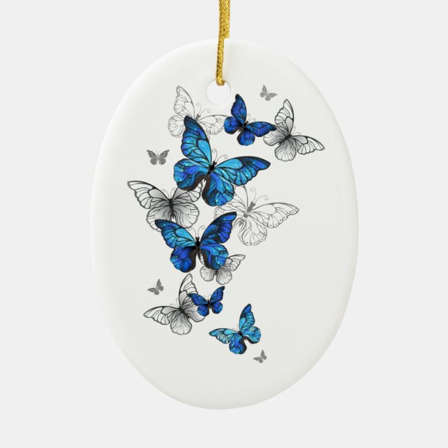 Blue Flying Butterflies Morpho Ceramic Tree Decoration (Front)