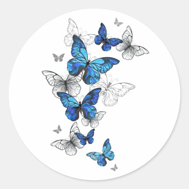 Blue Flying Butterflies Morpho Classic Round Sticker (Front)