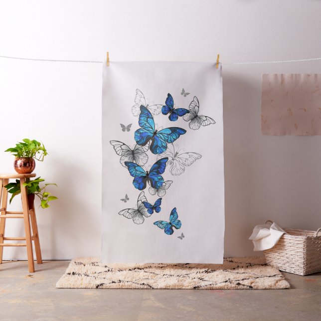 Blue Flying Butterflies Morpho Fabric (In Situ)