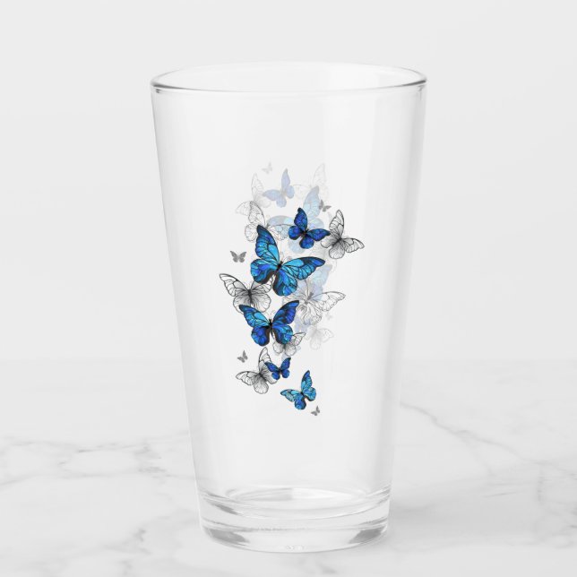Blue Flying Butterflies Morpho Glass (Front)