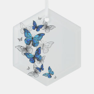 Blue Flying Butterflies Morpho Glass Tree Decoration