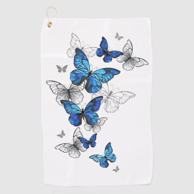 Blue Flying Butterflies Morpho Golf Towel (Front)