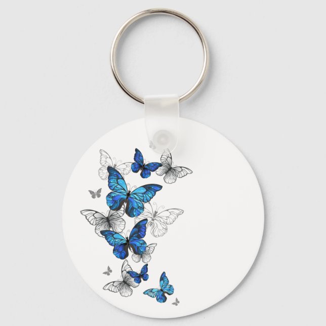 Blue Flying Butterflies Morpho Key Ring (Front)