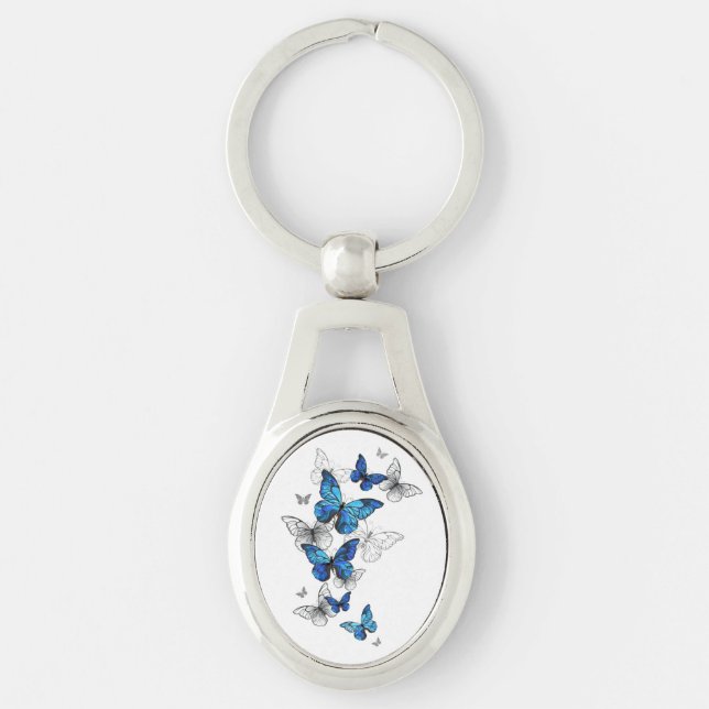Blue Flying Butterflies Morpho Key Ring (Front)