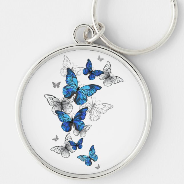 Blue Flying Butterflies Morpho Key Ring (Front)