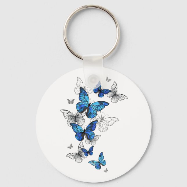 Blue Flying Butterflies Morpho Key Ring (Front)
