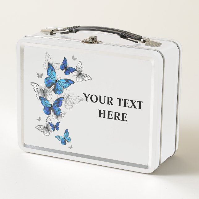 Blue Flying Butterflies Morpho Metal Lunch Box (Front)