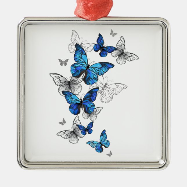 Blue Flying Butterflies Morpho Metal Tree Decoration (Front)