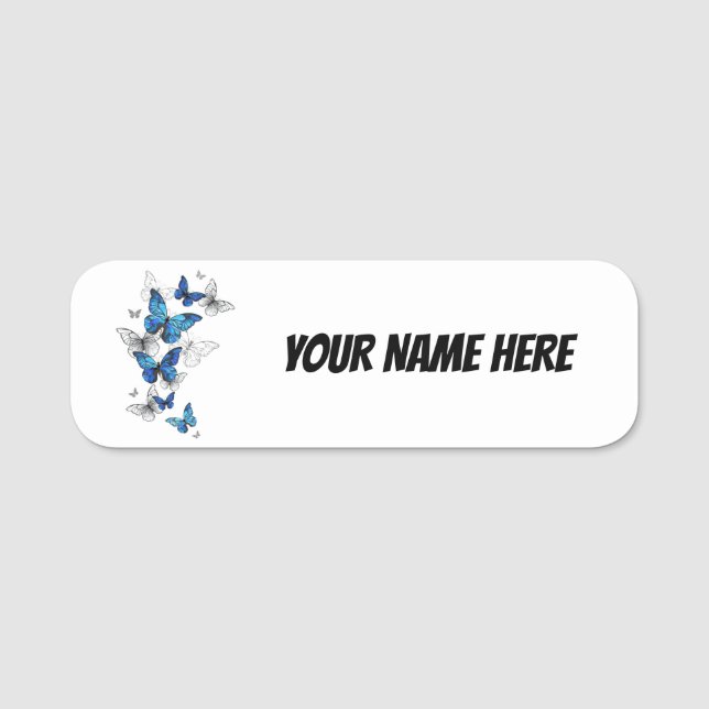 Blue Flying Butterflies Morpho Name Tag (Front)