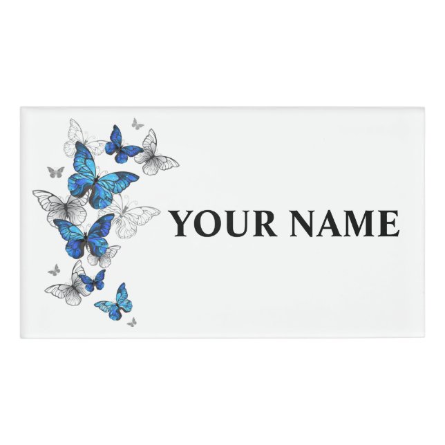 Blue Flying Butterflies Morpho Name Tag (Front)