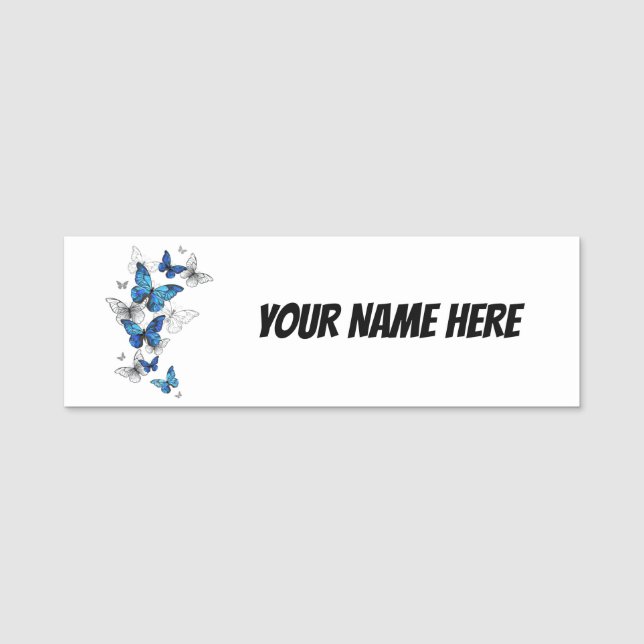 Blue Flying Butterflies Morpho Name Tag (Front)