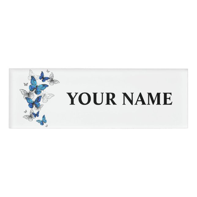 Blue Flying Butterflies Morpho Name Tag (Front)