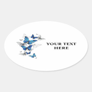 Blue Flying Butterflies Morpho Oval Sticker