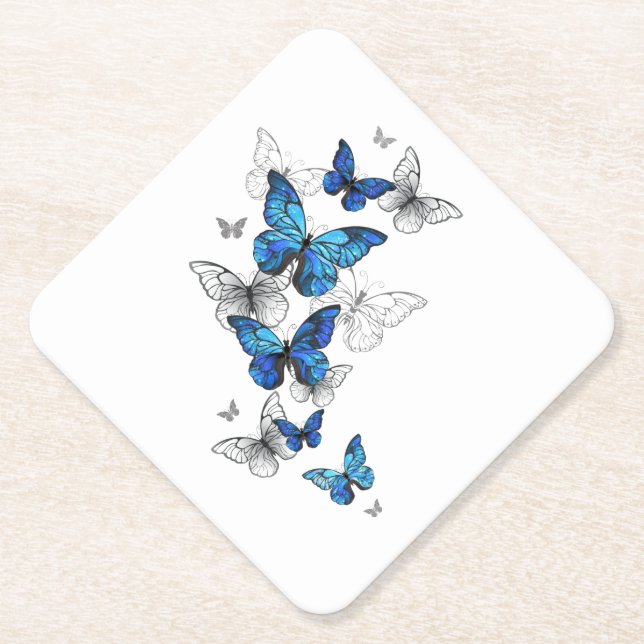 Blue Flying Butterflies Morpho Paper Coaster (Front)
