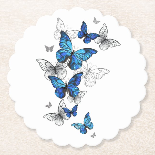 Blue Flying Butterflies Morpho Paper Coaster (Front)