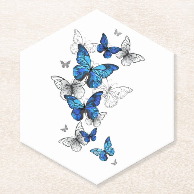 Blue Flying Butterflies Morpho Paper Coaster (Front)