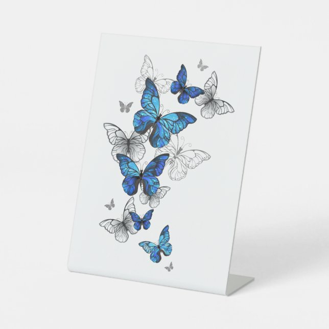 Blue Flying Butterflies Morpho Pedestal Sign (Front)
