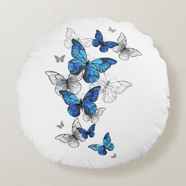 Blue Flying Butterflies Morpho Round Cushion (Front)