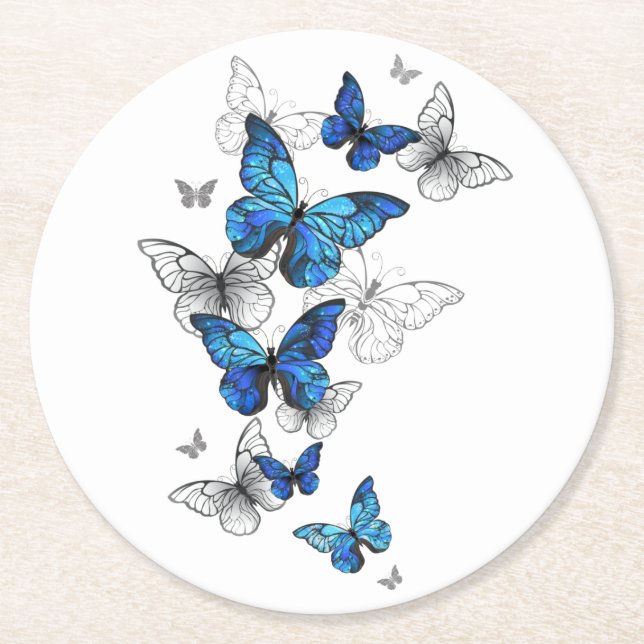 Blue Flying Butterflies Morpho Round Paper Coaster (Front)