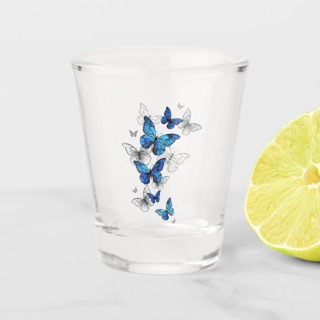 Blue Flying Butterflies Morpho Shot Glass (Front)