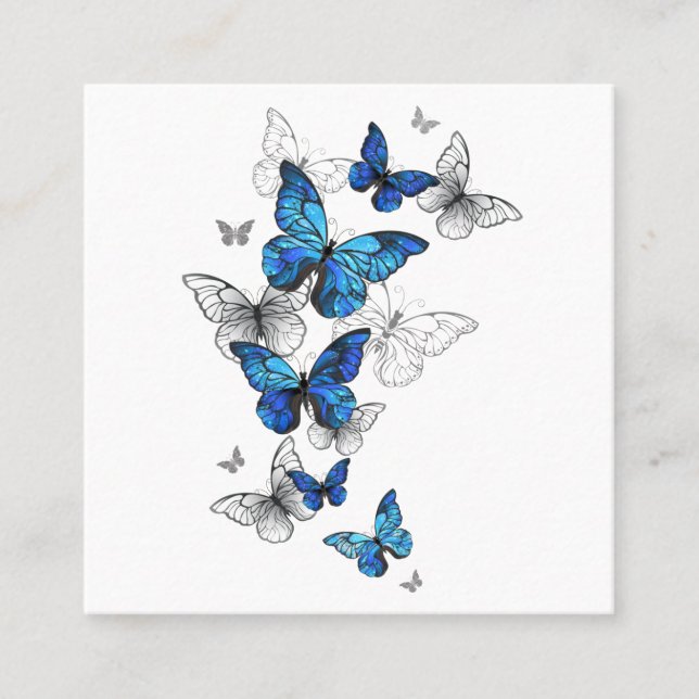 Blue Flying Butterflies Morpho Square Business Card (Front)