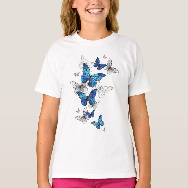 Blue Flying Butterflies Morpho T-Shirt (Front)