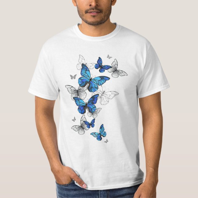 Blue Flying Butterflies Morpho T-Shirt (Front)
