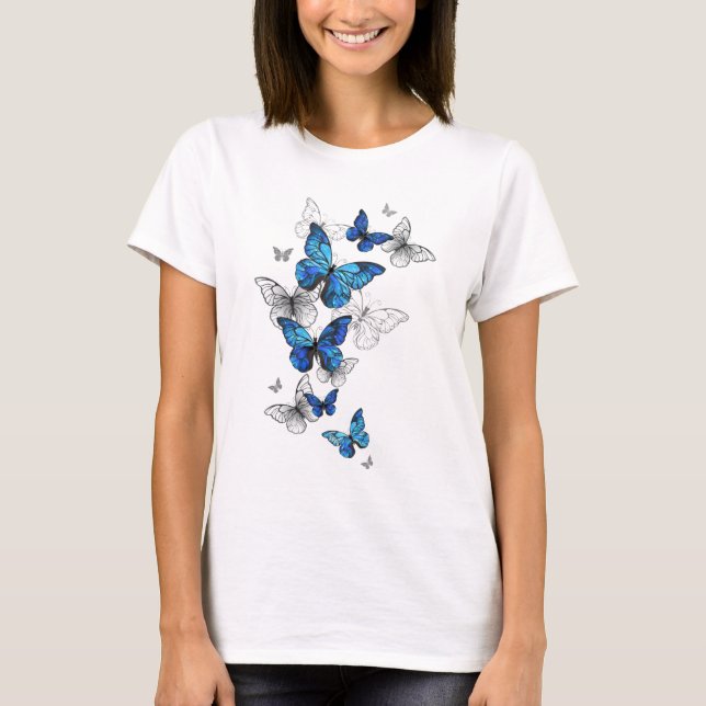 Blue Flying Butterflies Morpho T-Shirt (Front)