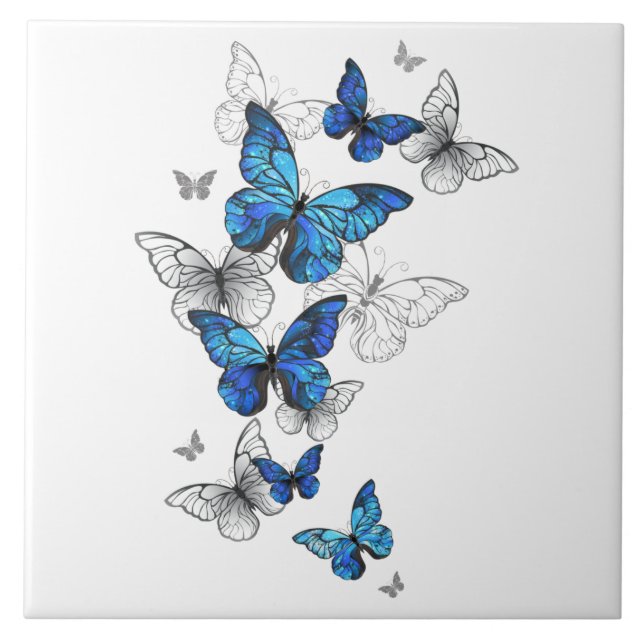 Blue Flying Butterflies Morpho Tile (Front)