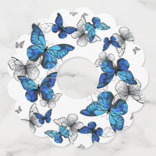 Blue Flying Butterflies Morpho Wine Glass Tag