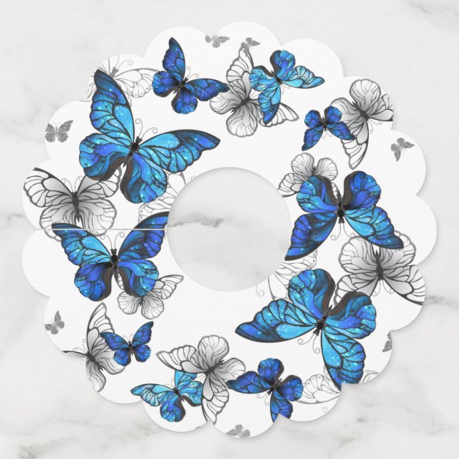 Blue Flying Butterflies Morpho Wine Glass Tag (Front)