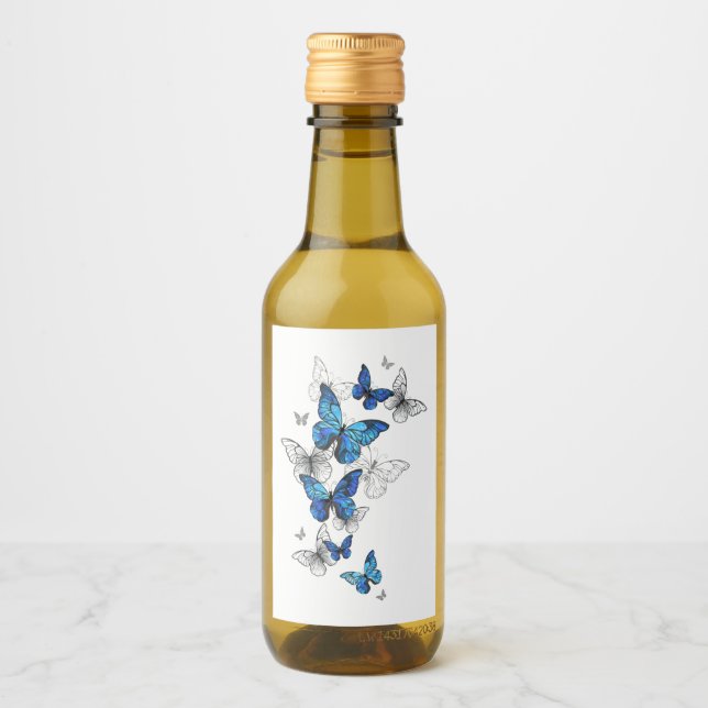 Blue Flying Butterflies Morpho Wine Label (Front)