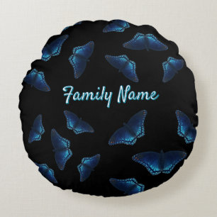Blue Flying Butterflies Pattern Custom Name Round Cushion