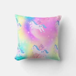 Blue Flying Unicorns Rainbow Print Throw Pillow