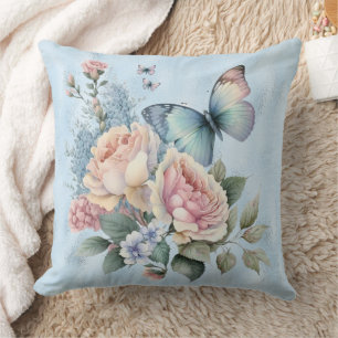 Blue Foil and Purple Pink Peonies Butterfly Cushion