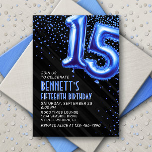 Blue Foil Balloons 15th Birthday Invitation